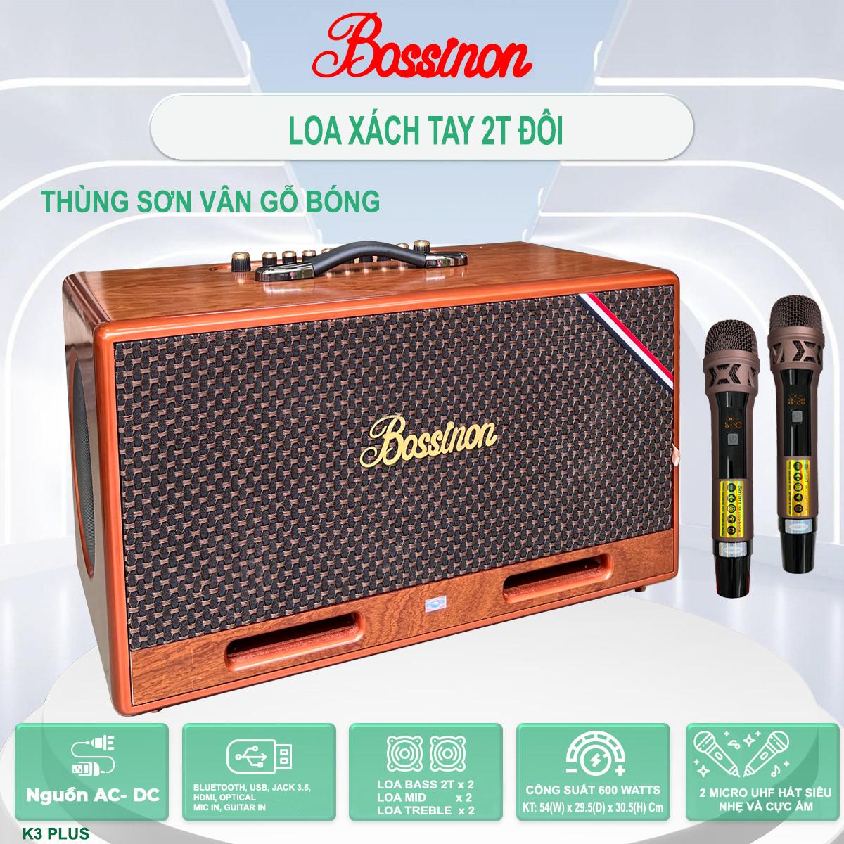 Loa Xách Tay BOSSINON Bass 2T K3 Plus- Thùng gỗ sơn phủ bóng chống trầy cực sang| Loa Chuyên Karaoke, Nghe Nhạc