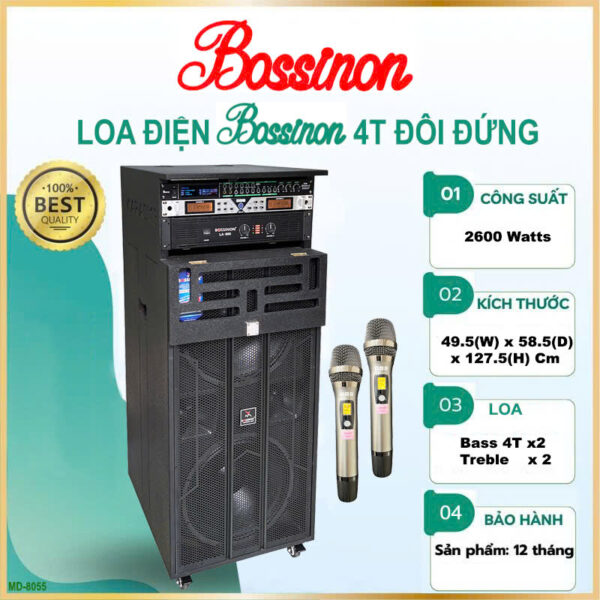 Loa điện Bossinon Bass Đôi 4 Tấc MD-8355 | Loa Dùng Điện Chuyên Karaoke, Nghe Nhạc, công suất siêu khủng