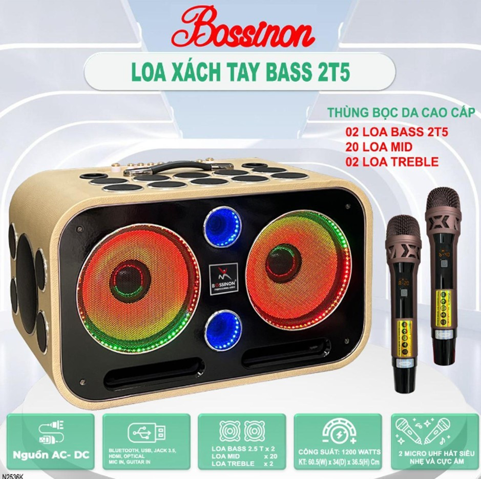 Loa Xách Tay BOSSINON Bass 2T5 K25 PRO- 24 đường tiếng - Thùng bọc da cao cấp | Loa Chuyên Karaoke, Nghe Nhạc