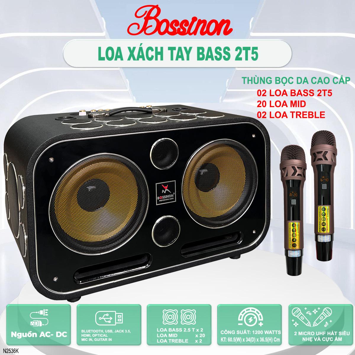 Loa Xách Tay BOSSINON Bass 2T5 N2536K- 24 đường tiếng - Màu đen - Thùng bọc da cao cấp | Loa Chuyên Karaoke, Nghe Nhạc